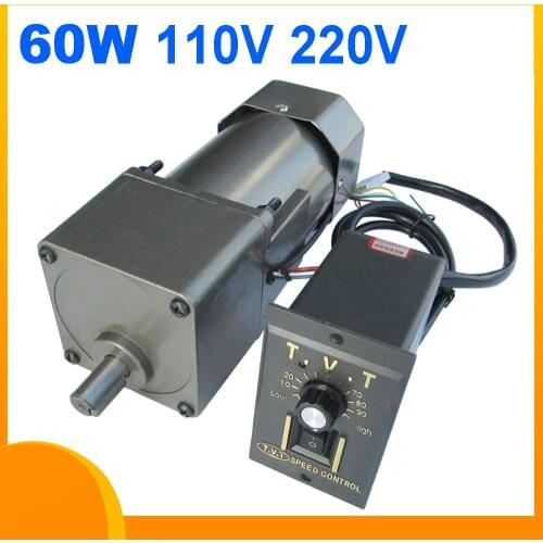 60W 0.75-450rpm Variable motor AC 110V 220V Low rpm geared motor Reducer box Induction motor Speed controller Adjustable CW CCW