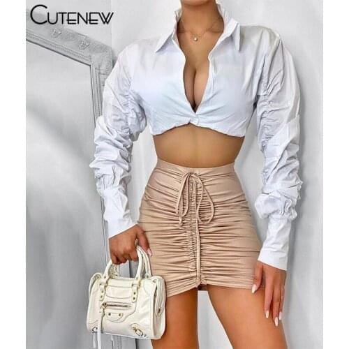 Cutenew 2021 New Women Sexy Deep V-Neck Exposed Navel Fashion Puff Sleeve Short Personalized Simple Pure White Shirts Trend Club