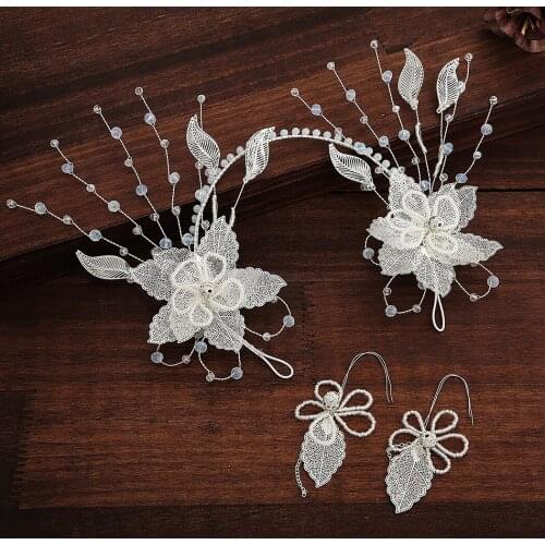 Silver Color Leaf Flower Pearl Crystal Tiara Crown Headpiece Earrings Set Women Jewelry Wedding Hair Bridal Hair Accessorie
