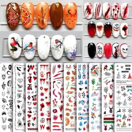10PCS New Snowflake Elk Christmas Tree Birds Leaves Clown Snake Love Christmas Manicure Nail Stickers Decoration Accessories Sti