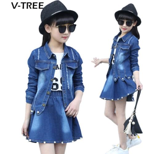 V-TREE Girls Clothing Sets Denim Jacket And Skirts Suit Sets For Girl Teenage Clothes School Kids Childrens Baby Clothes 12 10T