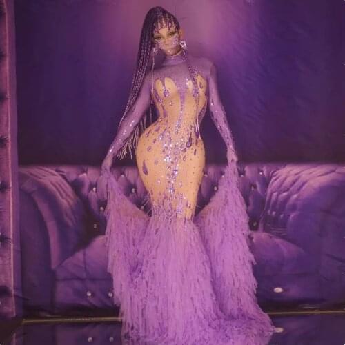 Evening Party Bar Stage Costume Women Singer Models Catwalk Performance Purple Voile Tailing Rhinestones Floor Length Dresses