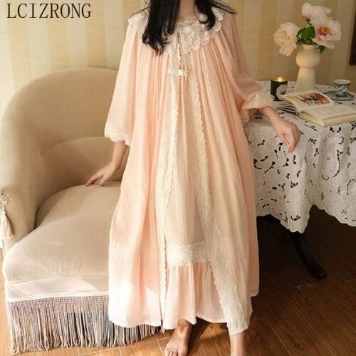 Vintage Cotton Womens Robe Sets Two-piece Lace Retro Princess Long Sleepwear Girl Retro Nightwear Female Home Wear Plus Size