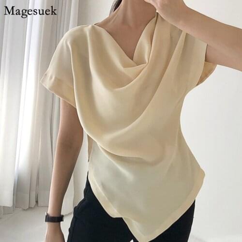 Korean Chic Irregular Short Sleeve Blouse Women 2021 Fashion Elegant Yellow Slim Womens Shirts Office Ladies Tops Blusas 14524