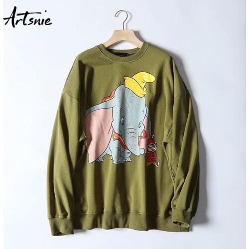 Artsnie cartoon print casual women sweatshirt autumn 2019 army green o neck long sleeve hoodies streetwear knitted sweatshirts