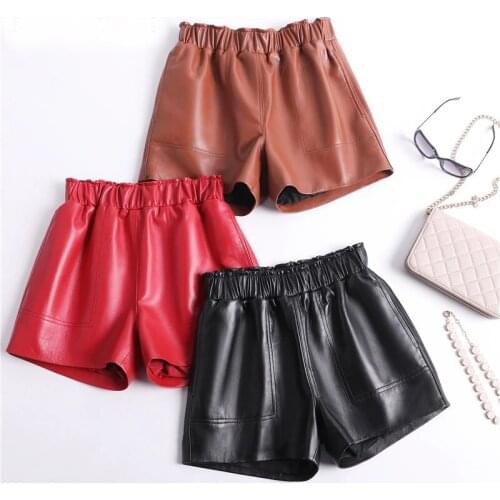 Genuine Leather Shorts For Women Korean Fashion 2020 Elastic Waist Booty Mini Sexy Short Feminino Red/Camel/Black Calzones Mujer