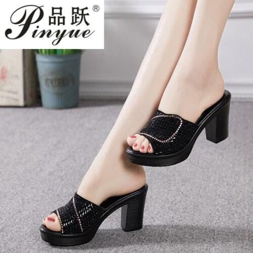 Women Slippers 2020 Ladies Summer Slippers Genuine Leather Shoes Women High Heels Fashion Rhinestone Summer Shoes