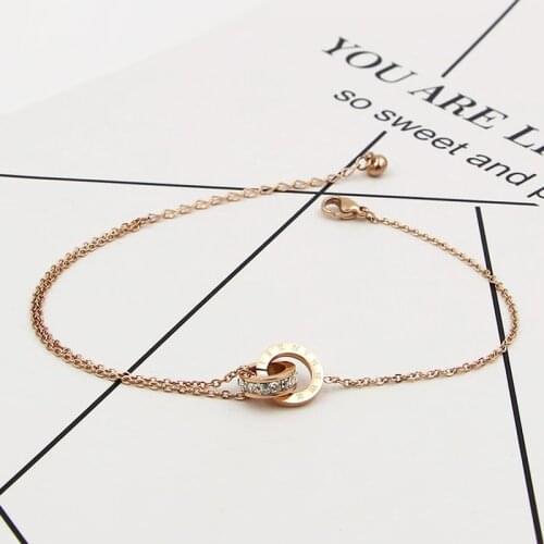 Fashion Rose Gold Color Beautiful Anklet Double Circle Chain Roman Numeral And Crystal Anklet Woman Gift Stainless Steel Jewelry