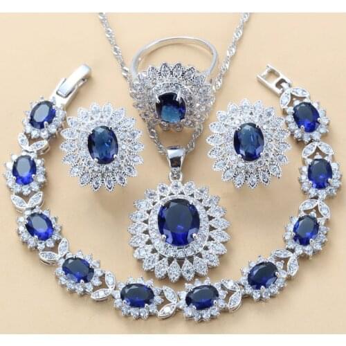 Sunflower Jewelry Sets Silver 925 Clip Earrings Rings With Cubic Zirconia Blue Necklace And Bracelet Women Costume Sets