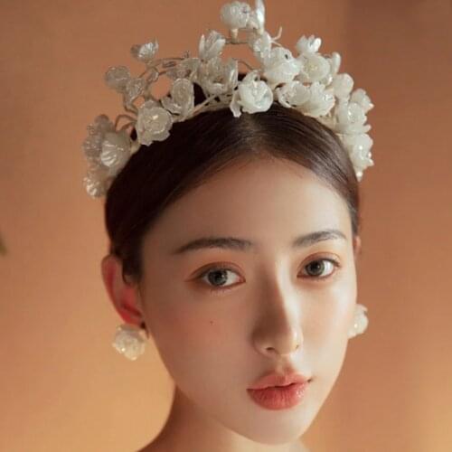 Pure Handmade Flower Petals Wedding Hairband Earrings Set White Women Elegant Foldable Flower Tiara Headwear Hair Accessories