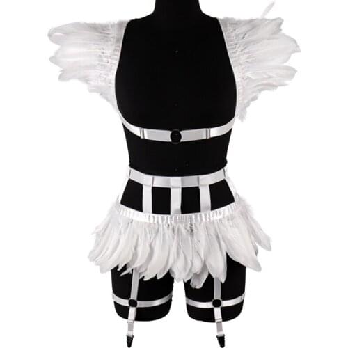 Womens Body Bondage Harness Straps 2-Piece Set Lingerie Gothic Sexy Chest Cupless Bra Hollow Feather Skirt Garter Dance Costume