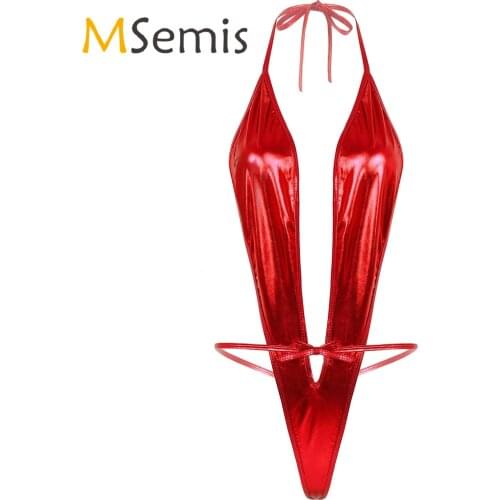 Womens Lingerie Micro Bikini Swimwear Shiny Metallic Patent Leather Bodysuit Swimsuit Halter Neck Lace-up Leotard Swimming Suit