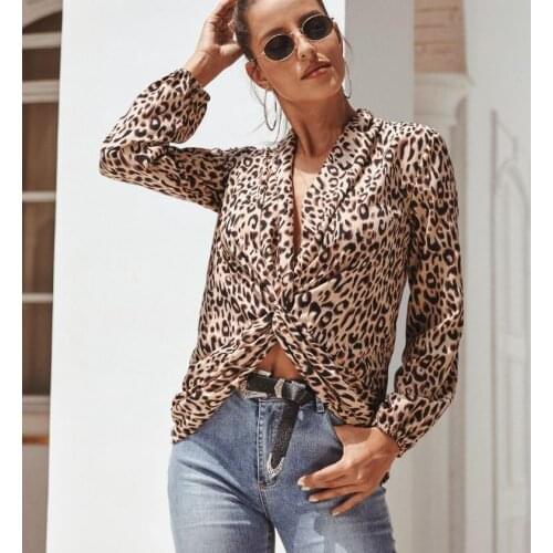 2020 Spring Summer Women Elegant Sexy Leopard Blouse V neck Shirt Ladies Blouse V neck Shirt Long Sleeve Ladies