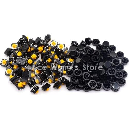 Free shipping,100PCS Tactile Push Button Switch Momentary 12*12*7.3MM Micro switch button + (100pcs Black Tact Cap)
