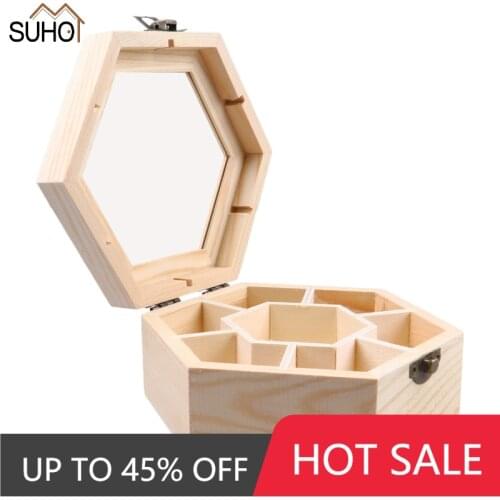New Handmade Material Wooden Jewelry Storage Box with Glass Lid and Lock Hexagon Shaped Multi-compartment Storage Holders Box