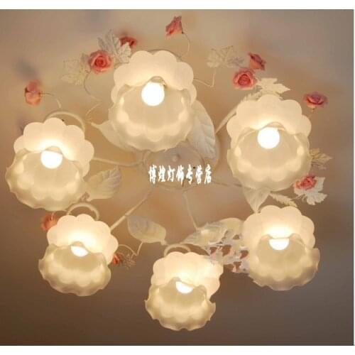 European-style garden living room Romantic Restaurants white wrought iron pink ceramic flowers glass lampshade Ceiling Lamp c135