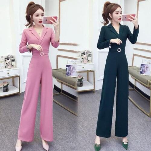Women 2021 Spring Autumn Fashion Jumpsuits Female V-Neck Long Sleeve Playsuit Office Lady Wide Leg Jumpsuit Casual Bodysuit Y183
