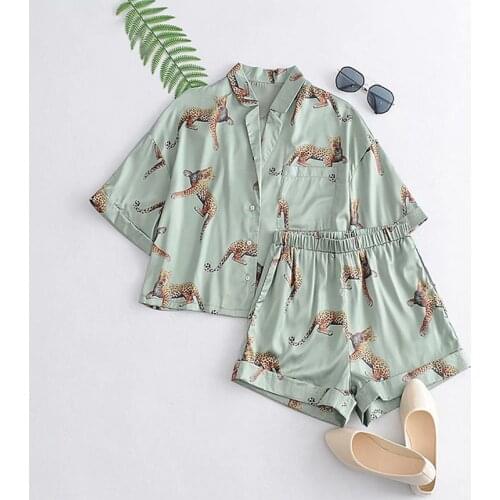 Summer Short Sleeve Pajamas Set 2 Pcs with Shorts Leopard Ladies Thin Sleepwear Casual Loungewear Home Clothes for Female 2021