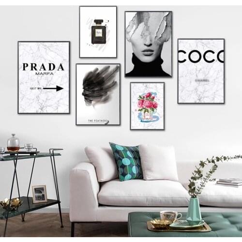 Fashion Marble Coco Quotes Poster Black White Vogue Feather Woman Wall Art Canvas Painting Pictures For Living Room Home Decor