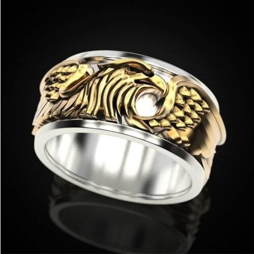 Vintage Two-tone 3D Male Eagle Spread Wings Ring Men Hip Hop Punk Jewelry Anniversary Birthday Gift Party Banquet Viking Ring