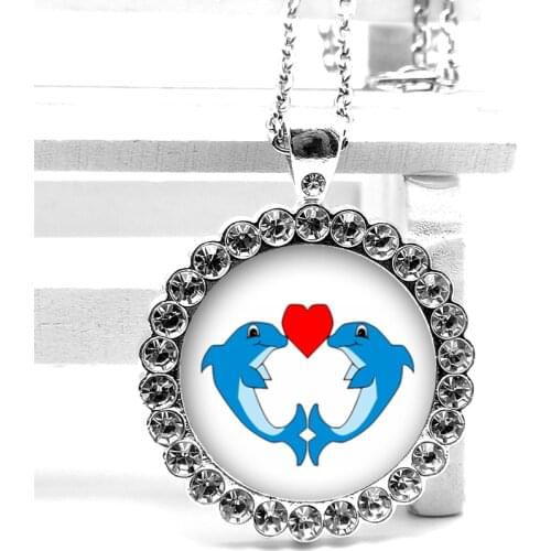 2020 New Fashion Marine Animal Cute Dolphin Crystal Pendant Glass Convex Round Necklace Children Necklace Gift