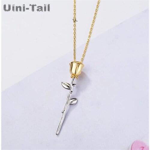 Uini-Tail New Style Hot 925 Sterling Silver Korean Golden Rose Necklace Fashion Flow High Quality Silver Jewelry