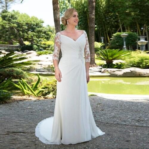 Plus Size Wedding Dress 2021 Chiffon Pleats Lace Appliques Beaded Half Sleeves Elegant Custom made Boho Bridal Dress