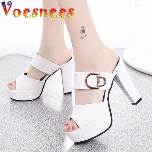 New Metal Button Decoration Sandals Solid Color Chunky Heels Slippers Summer Waterproof One Word Peep Toe Nightclub Women Shoes