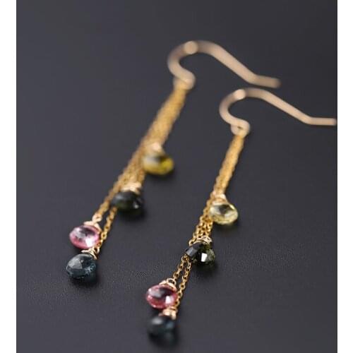 DAIMI Color Tourmaline Ear Line Genuine Gemstones Natural Yellow 18k Gold Ins Niche Designer Earrings