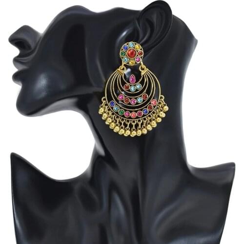 Vintage Color Crystal Bell Tassel India Jhumka Pendant Earrings For Women Fashion Bohemian Ethnic Holiday Party Jewelry Gift