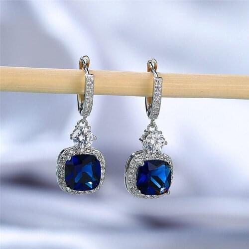 Vintage Female Blue Crystal Stone Earrings Luxury Silver Color Dangle Earrings Charm Rainbow Square Wedding Earrings For Women