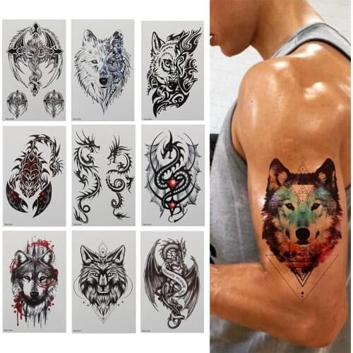 Waterproof Temporary Tattoo Sticker Dragon Wing Cross Flash Tatto Wolf Scorpion Totem Body Art Arm Water Transfer Fake Tatoo Men