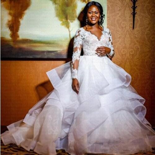 Amazing Ruffles Skirt African Long Sleeves Wedding Dresses 2020 V-Neck Open Back Wedding Gowns