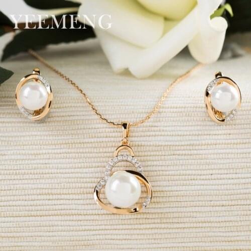 YEEMGNG Jewelry Sets Gold Color Faux Pearl Pendant Necklace Earring Set Gifts for Women