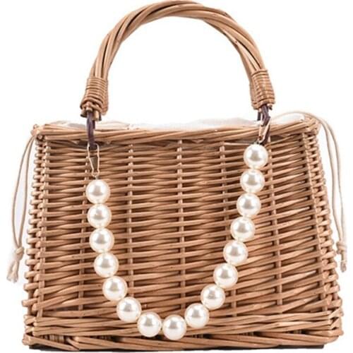 Pearl Handle Design Beach Weave Handbag Summer Quality Rattan Handmade Tote Straw Womens Travel Shoulder Bag
