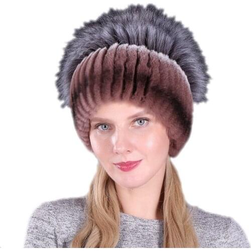 Handmade Womens Fashion Knitted Rex Rabbit Beanies Hats Faux Fox Fur Pom Winter Women Caps Lady Headgear LF21005QX