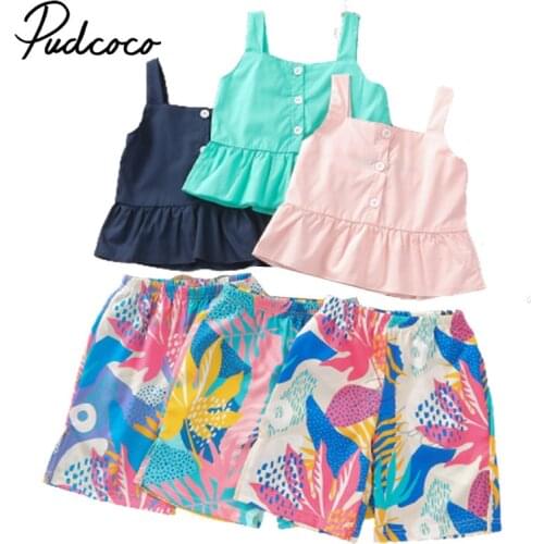 Pudcoco 1-5Y 2Pcs Summer Sleeveless Ruffles Button Vest Tops+Print Cute Wide Leg Pants Trousers Outfit Sets