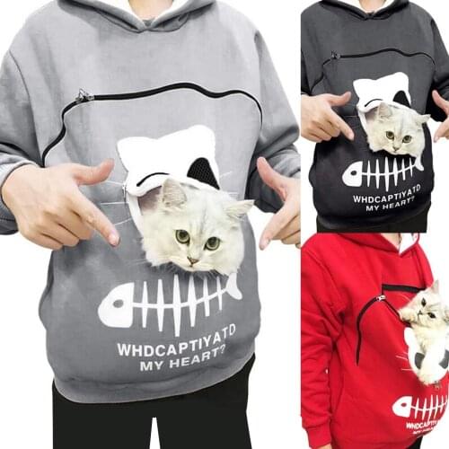Ladies Sweater Cat Print Hooded Loose Women Sweatshirt Cat Print Sweatshirt Cat Sweatshirt With Cat Bag Pet Bag Hoodie Pet Pocke