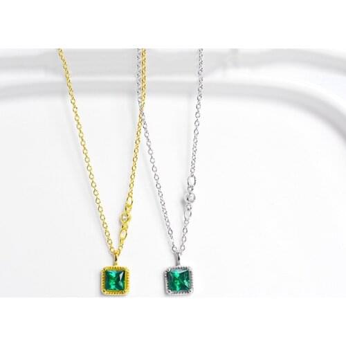 Hot Sale 925 Sterling Silver Charm Pendant Necklaces For Women Statement Emerald Green Cubic Zircon Charm Chain Necklace Gifts