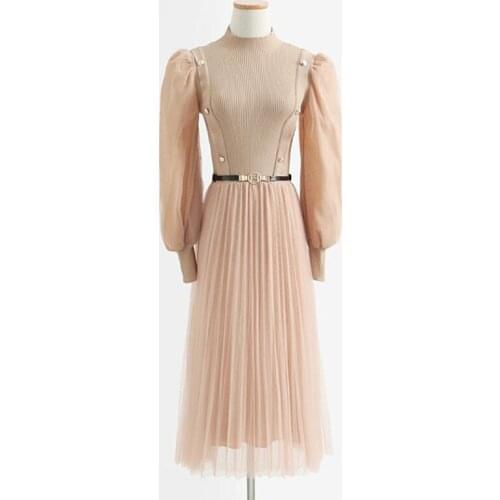 2021 Autumn Winter Elegant Mesh Patchwork Knitted Dress Women Solid A-line Pleated Dress Female Long sleeve Bandage Vestidos