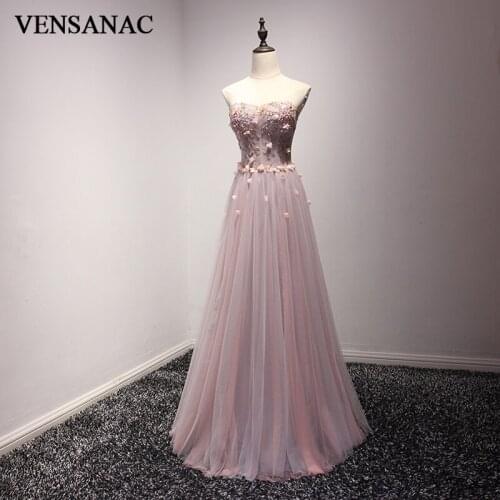 VENSANAC 2018 Crystal A Line Strapless Long Evening Dresses Elegant Beading Party Lace Appliques Flowers Prom Gowns