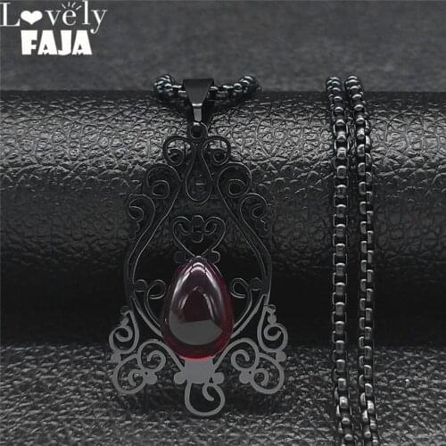 Gothic Flower Stainless Steel Red Glass Necklaces Black Color Pendant Necklace Jewelry collares para mujer vintage N4321S03