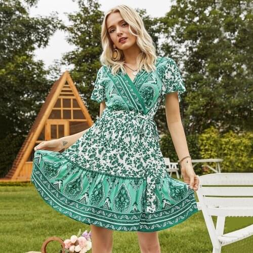 Womens Casual Print Vintage 2021 Fashion Dress Spring Summer V Neck Fold Short Sleeve High Waist Ladies Dress