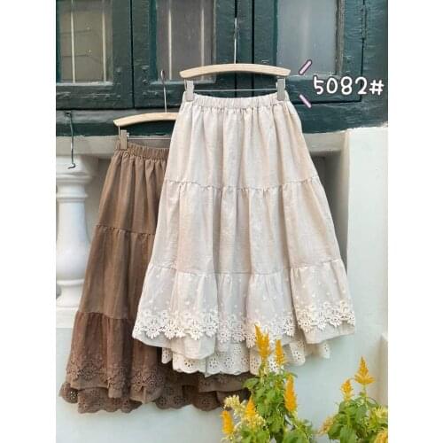 2021 new spring linen skirt women sweet stitching embroidery flower skirt loose casual wear