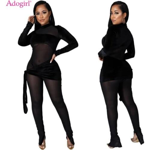 Adogirl Sheer Mesh Patchwork Velvet Jumpsuit Women Sexy See Through Mock Neck Long Sleeve Skinny Overalls Night Club Wear