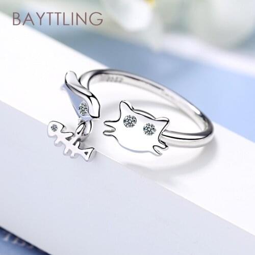 BAYTTLING 925 Sterling Silver High Quality Cat/Fish Zircon Open Ring For Woman Fashion Wedding Jewelry Couple Ring Gift