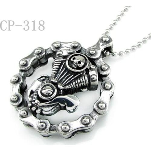 Free Shipping Heavy Bicycle Chain Skull Engine Pendant Stainless Steel Jewelry Skull Motor Biker Men‘s Pendant