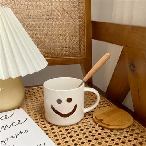 Cutelife Ins Ceramic White Mug Smiley Coffee Cup Milk Tea Breakfast Kitchen Decoration Cup Nordic Cute With Lid Couple Gifts Cup