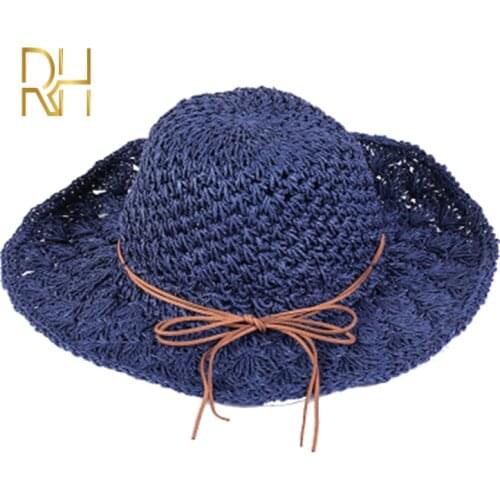 RH Handmade Paper Straw Sum Hat Foldable Sunshade Beach Floppy Crochet Hat For Ladies and Girls Travel