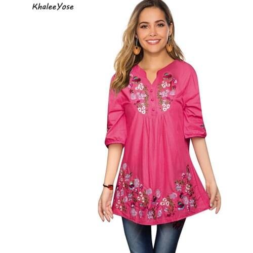 KHALEE YOSE Long Floral Embroidery Blouses Shirt Cotton Boho Spring Mexican Shirt for Women V-neck Ladies Ethnic Shirt Tops 2021